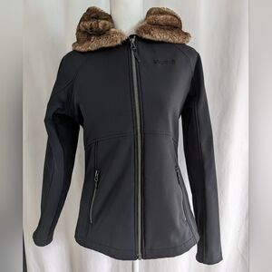 Marmot Jacket Womens Small Black Faux Furlong Hood Fleece Lined Soft Shell Coat